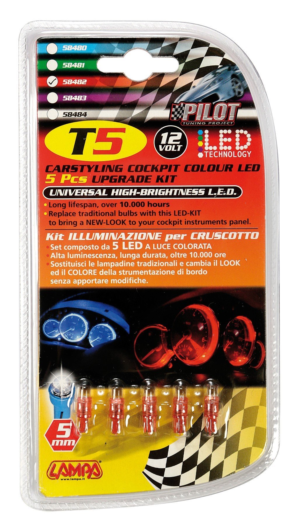 12V Kit Lampade cruscotto 1 Led - (T5) - W2x4,6d - 5 pz - D/Blister - Rosso