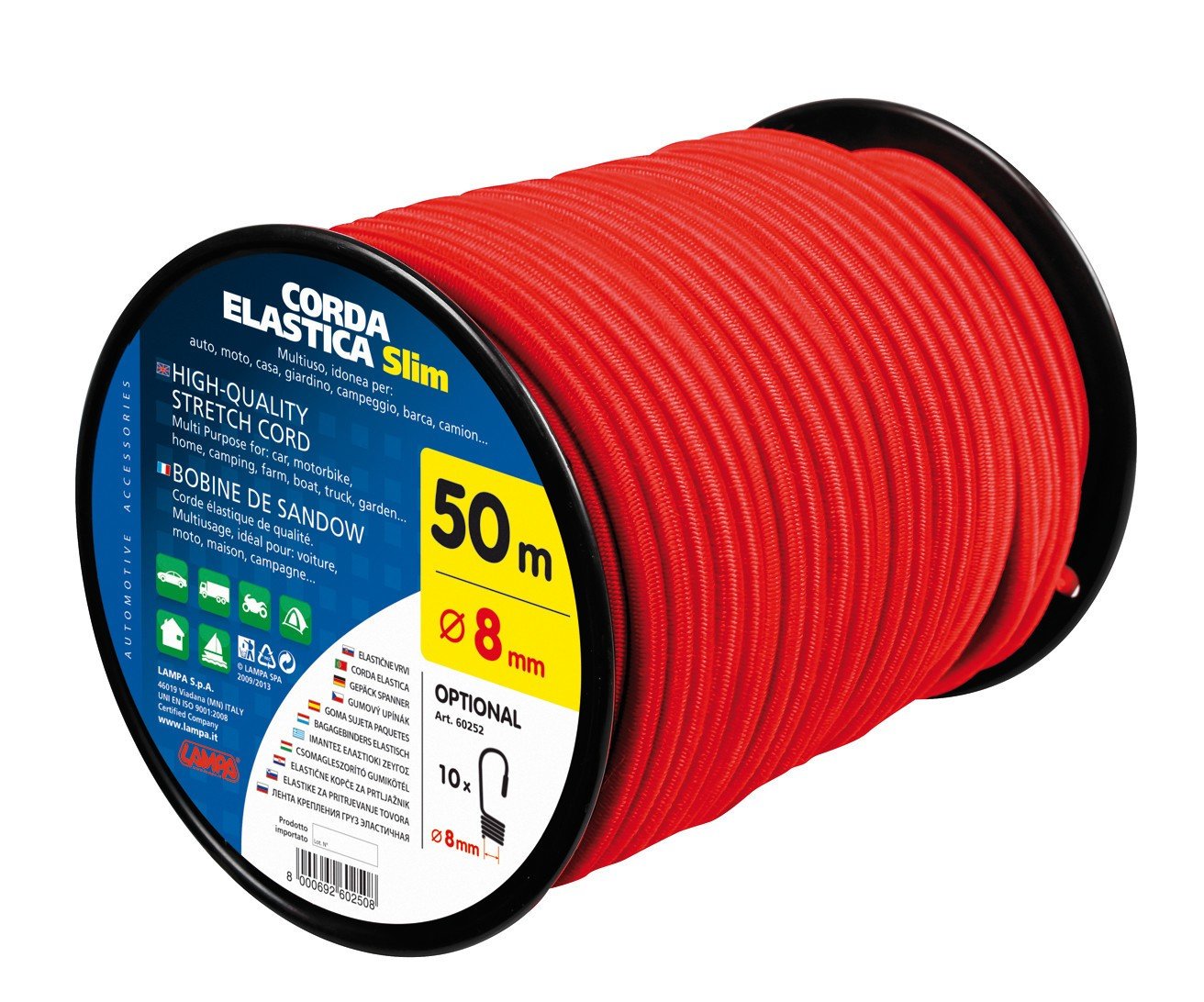 Corda elastica in bobina, rosso - 8 mm - 50 m