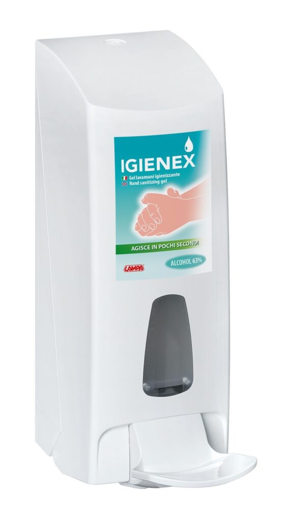 Igienex, dispenser manuale da appendere, per dosaggio gel mani – AZIONAMENTO A GOMITO